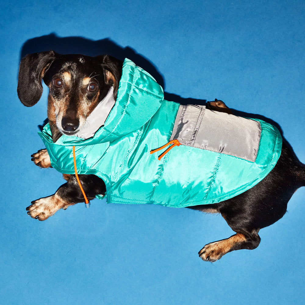 Seafoam and Grey Color Block Nylon Puffer Jacket